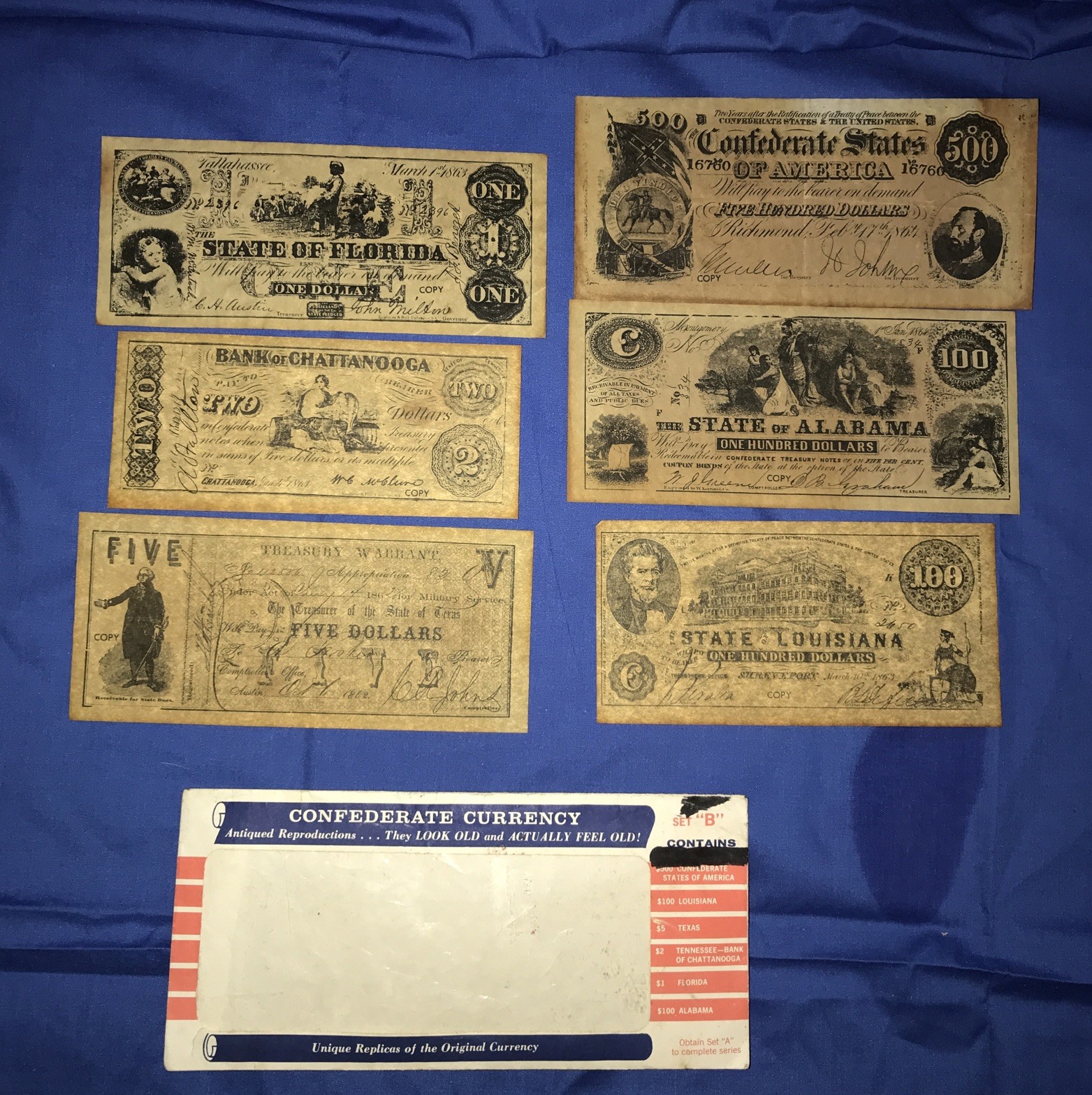 Confederate Currency Antiqued Reproductions Set "B" includes 6 Bills - Replicas