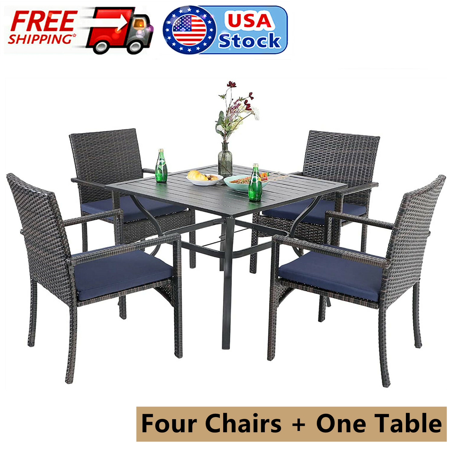 Rattan Furniture Sets Patio Chairs Metal Outdoor Table Square for 4 Person Party