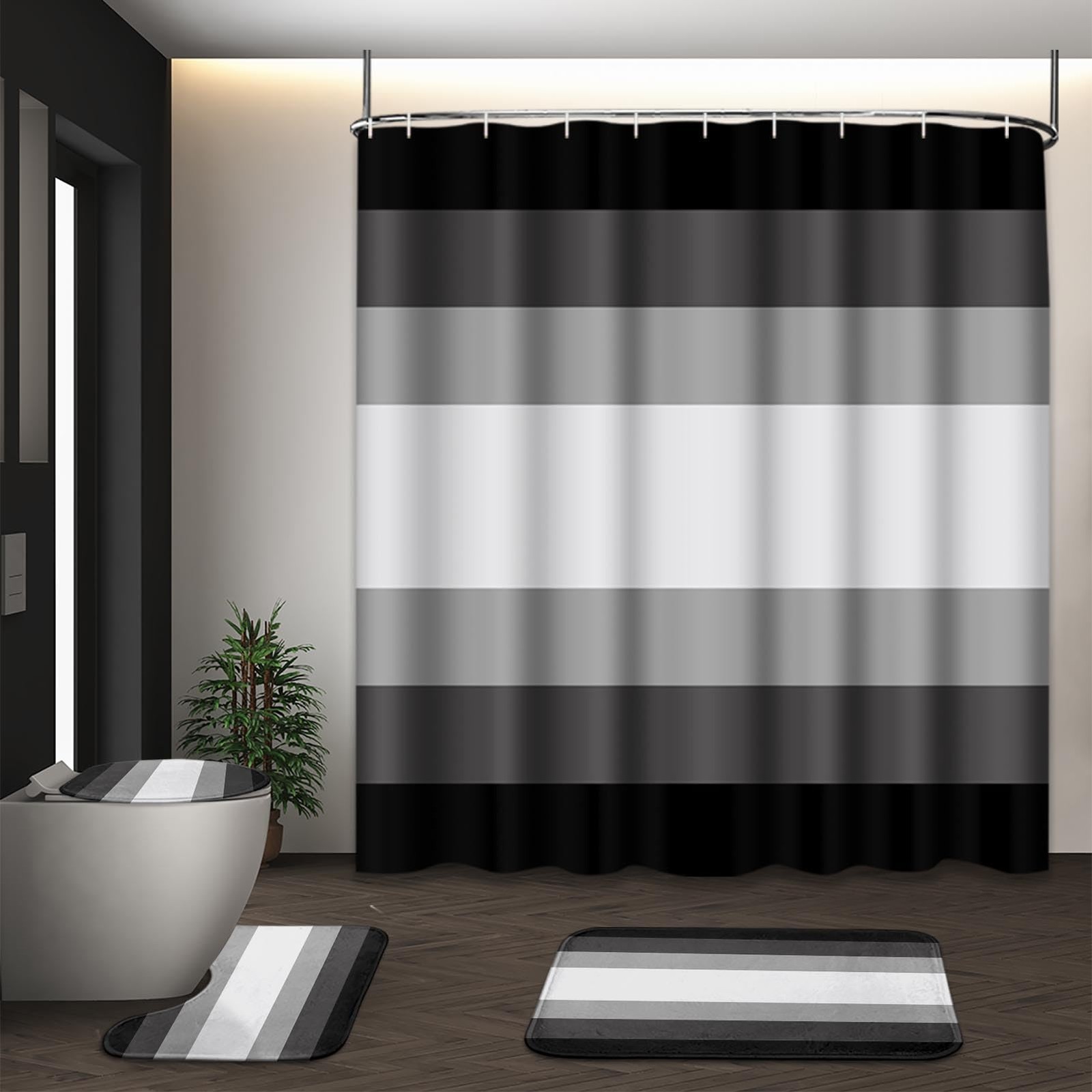 Black Grey Shower Curtain Set with Toilet Lid Cover and Non-Slip Rugs for Bat...