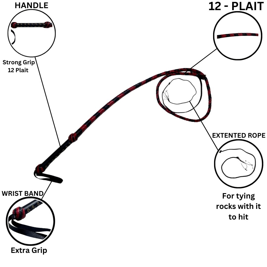 Real Calf Leather Bullwhip 8 Feet Long 12 Plait Bull Whip - Loud Crack Sound