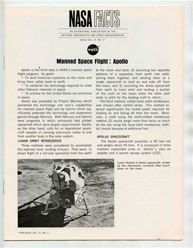 NASA Facts Manned Spacecraft Center Apollo Houston Texas Brochure and Photo 1968