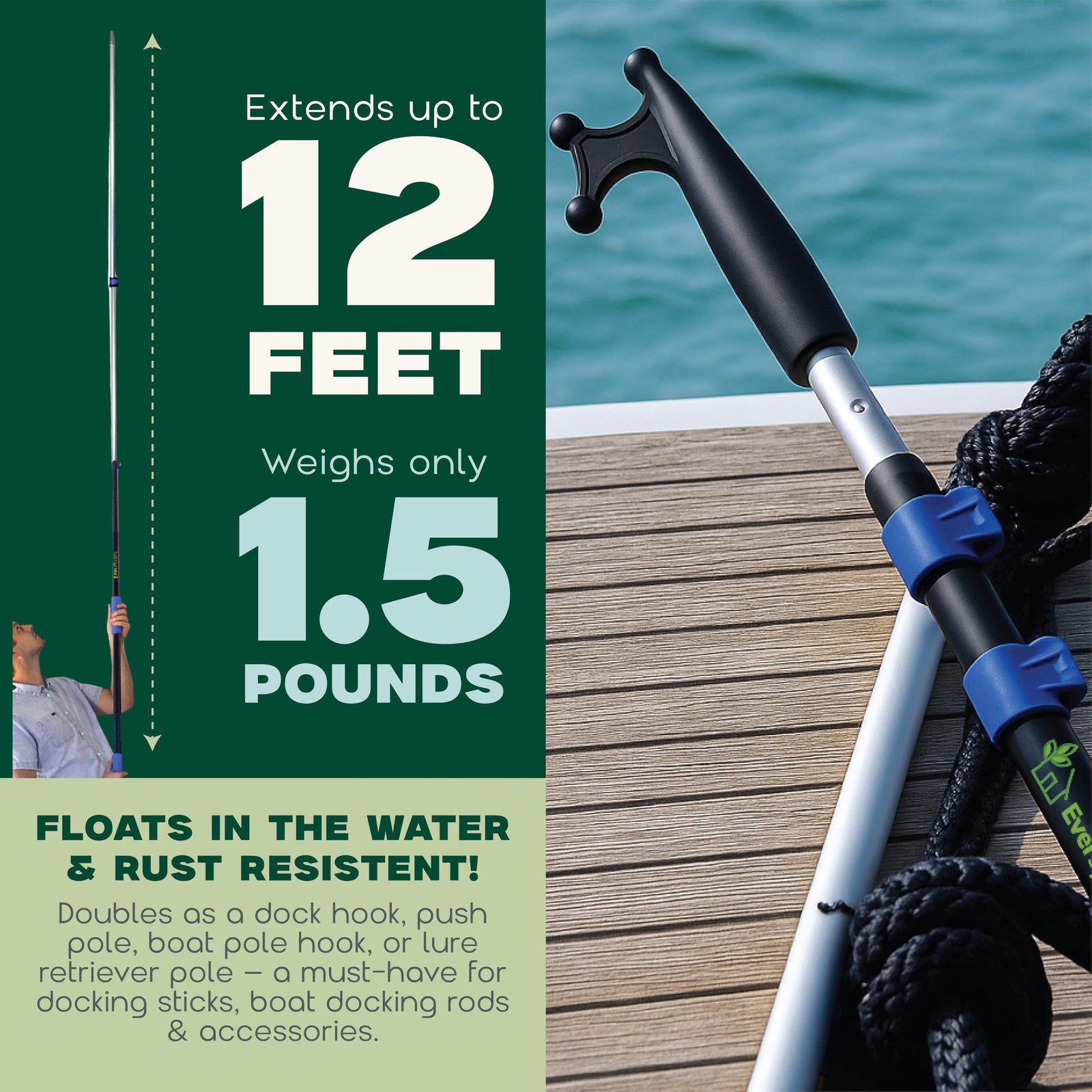 EVERSPROUT 4.5-to-12ft Durable Telescoping Boat Hook – Lightweight Push Pole for