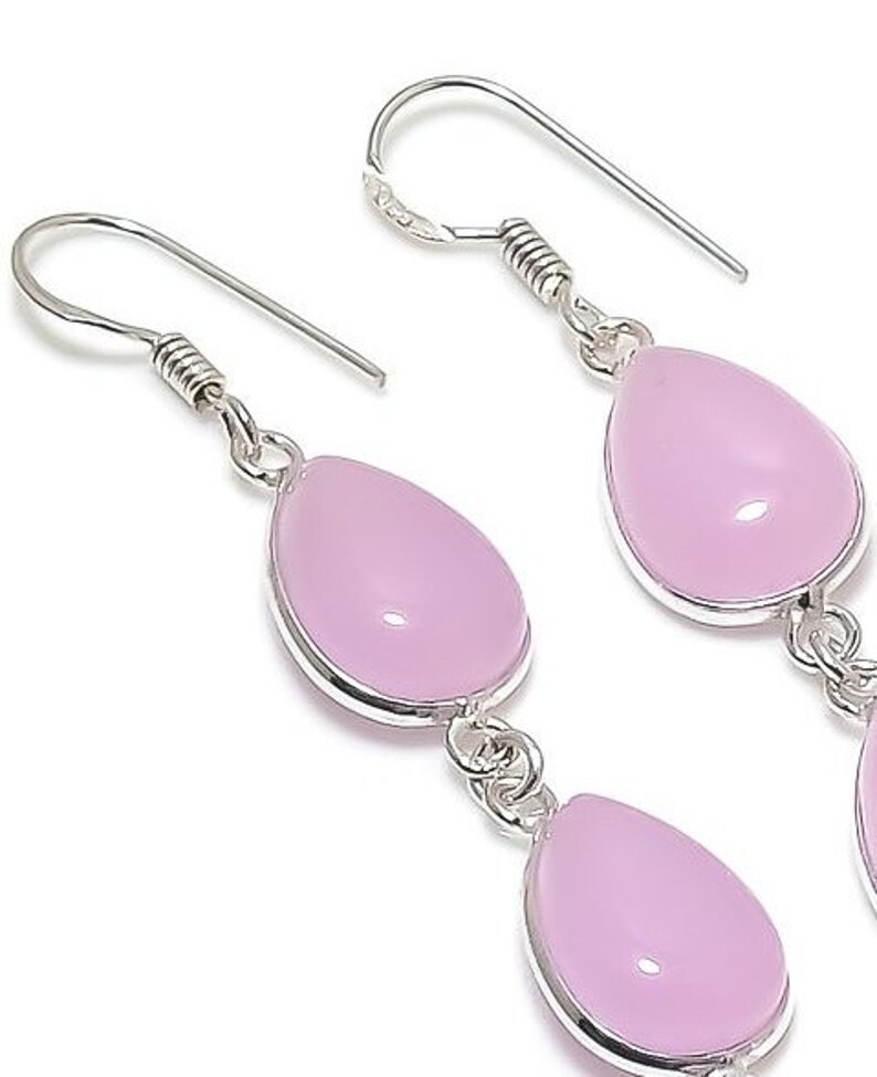 Sterling 925 Silver Solid Rose Quartz Gemstone Handmade Women Earrings