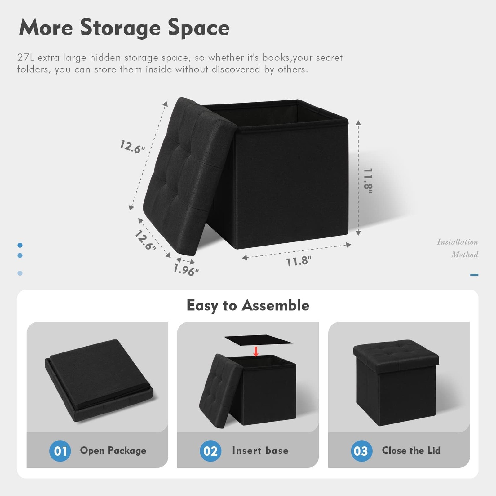 Storage Ottoman Cube Storage Chest Folding Foot Rest Seat Linen Black 12.6"X1...