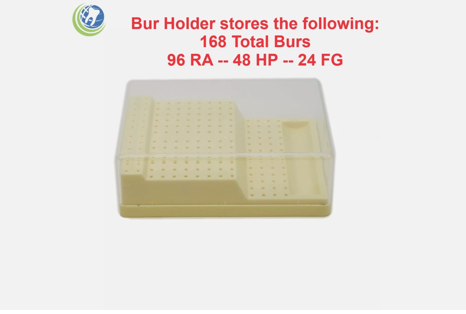Dental Bur Block Holder Station with Lid Holds 168 Burs - 48 HP 96 RA  24 FG