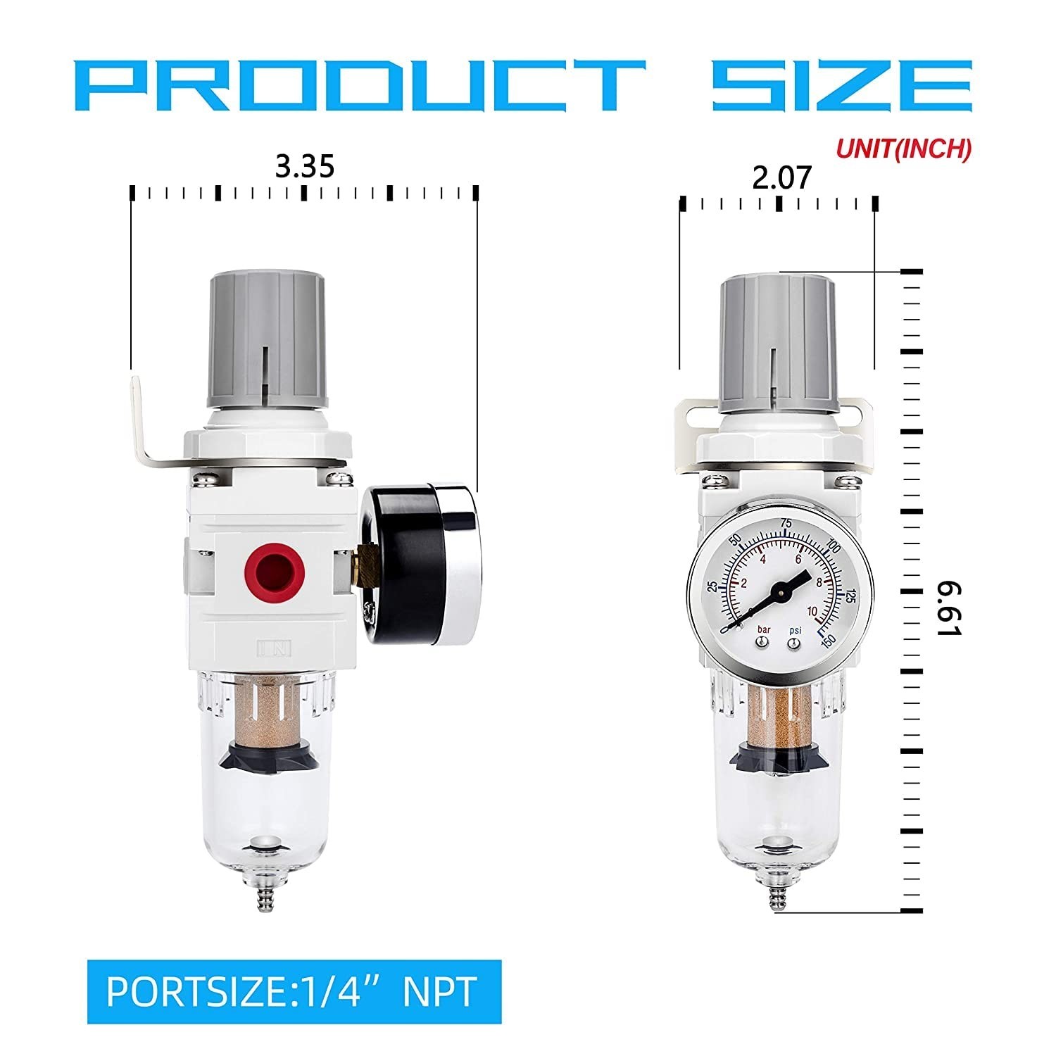 1/4" NPT Compressed Air Filter Regulator Combo Piggyback, 5 Micron Brass Elem...