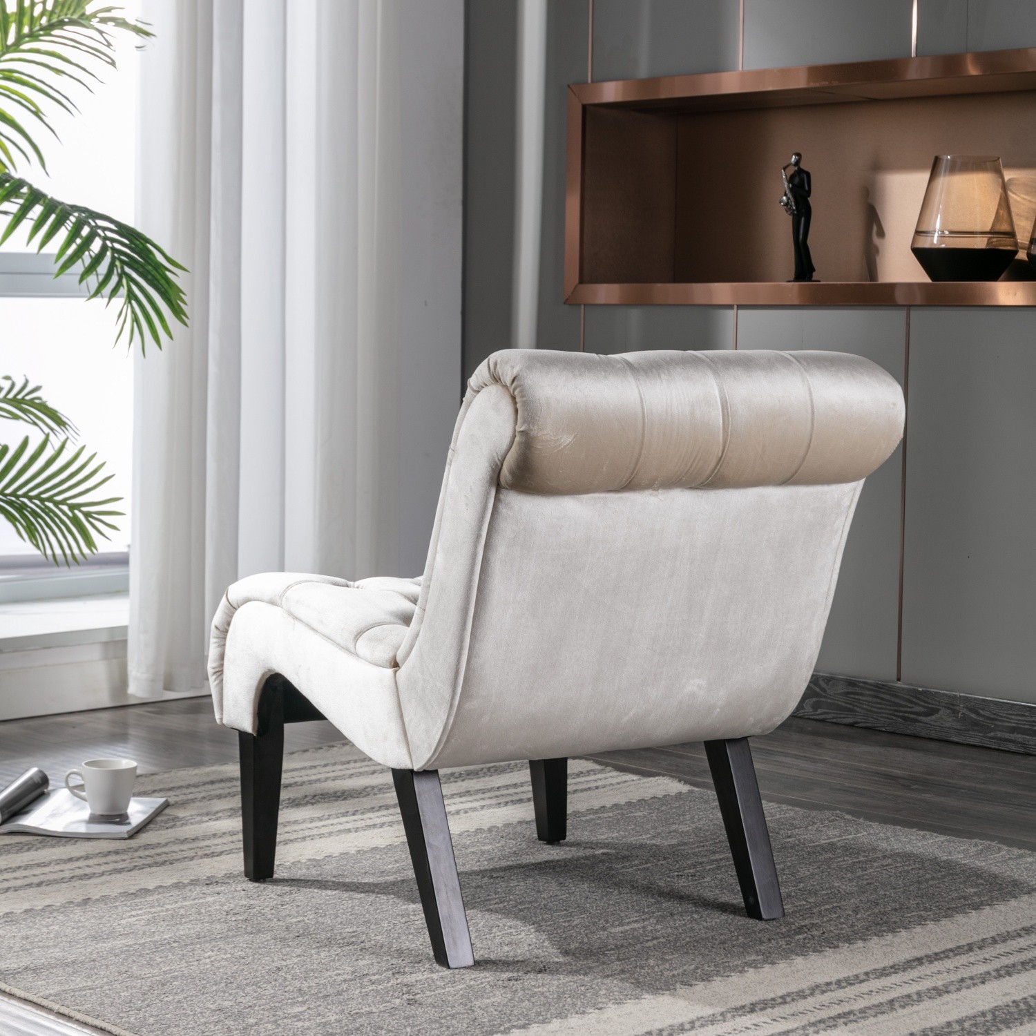 Armless Velvet Tufted Accent Chair Lounge Chair w/ Solid Wood Legs for Apartment