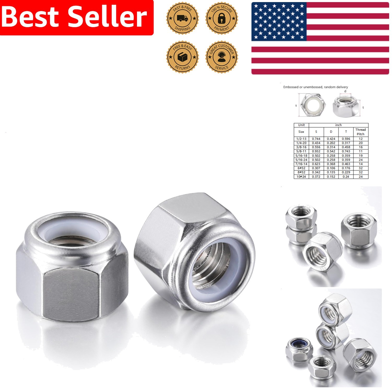 Self-Locking Nuts 20pc 5/16-24 304 Stainless Steel Hex Nylon Inserted Fine Grade