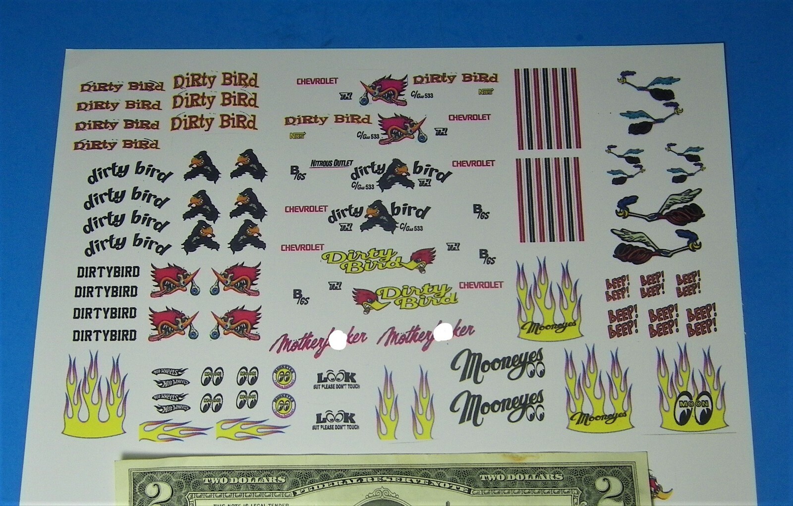 1:24 & 1:18 DECALS STICKERS DIE-CAST, MODEL CARS CHEVY DIRTY BIRD MOONEYES MOON