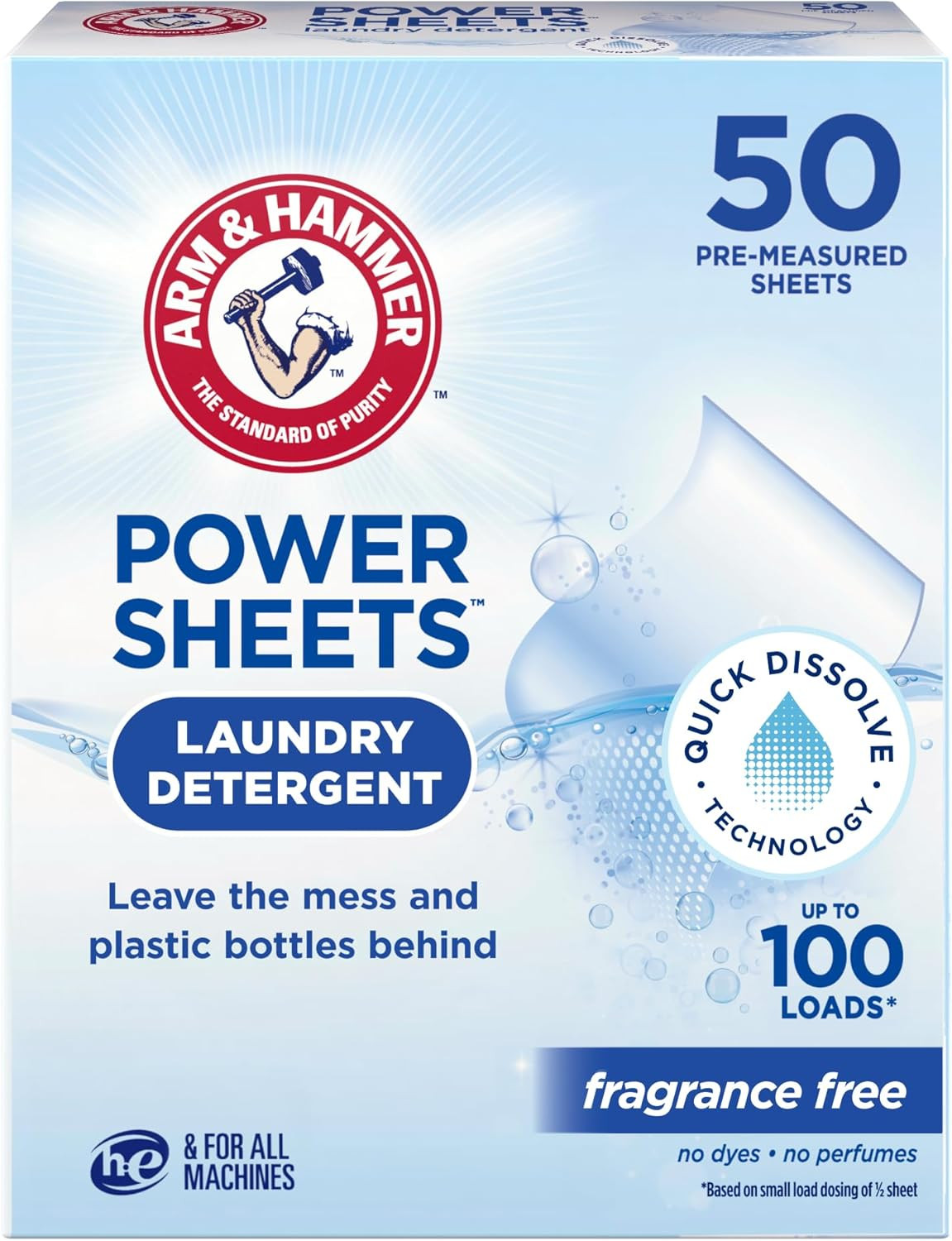 Power Sheets Laundry Detergent, Fragrance Free 50Ct, up to 100 Small Loads