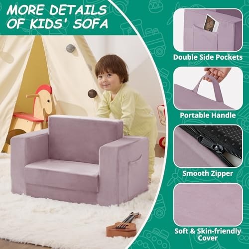 2-in-1 Toddler Couch Chair, Convertible Kids Lounge Chair, Comfy Recliner for Ag