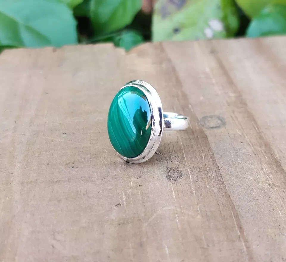 Natural Malachite Gemstone Ring 925 Sterling Silver Handmade Ring All Size MK*