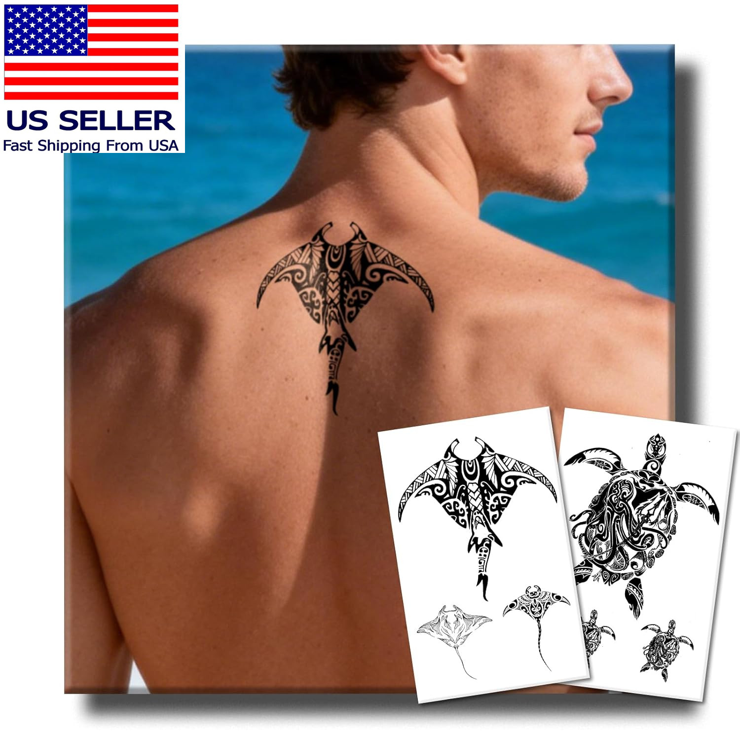 Tribal Semi Permanent Tattoo, Realistic Manta Ray & Sea Turtle Temporary Tattoos