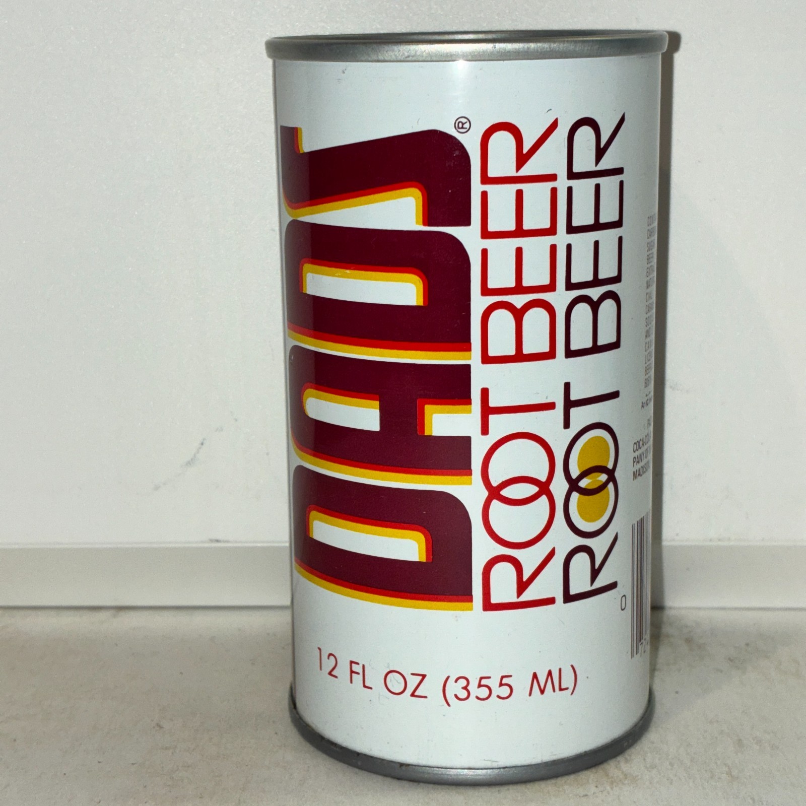 1970's Dads root beer soda can, no mug, pull-tab, bottom opened