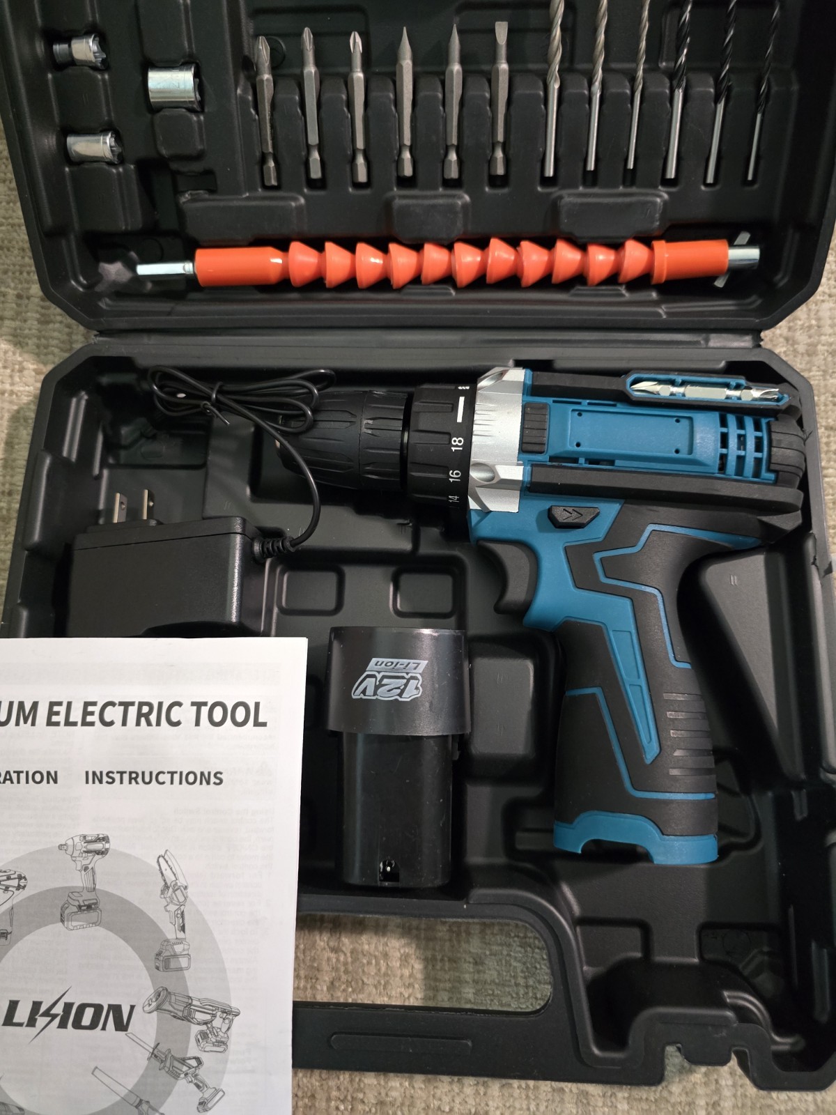 Cordless Drill 24 Pieces Set 12v Strong Torque LED LIGHT 3/8-inch keyless Chuck