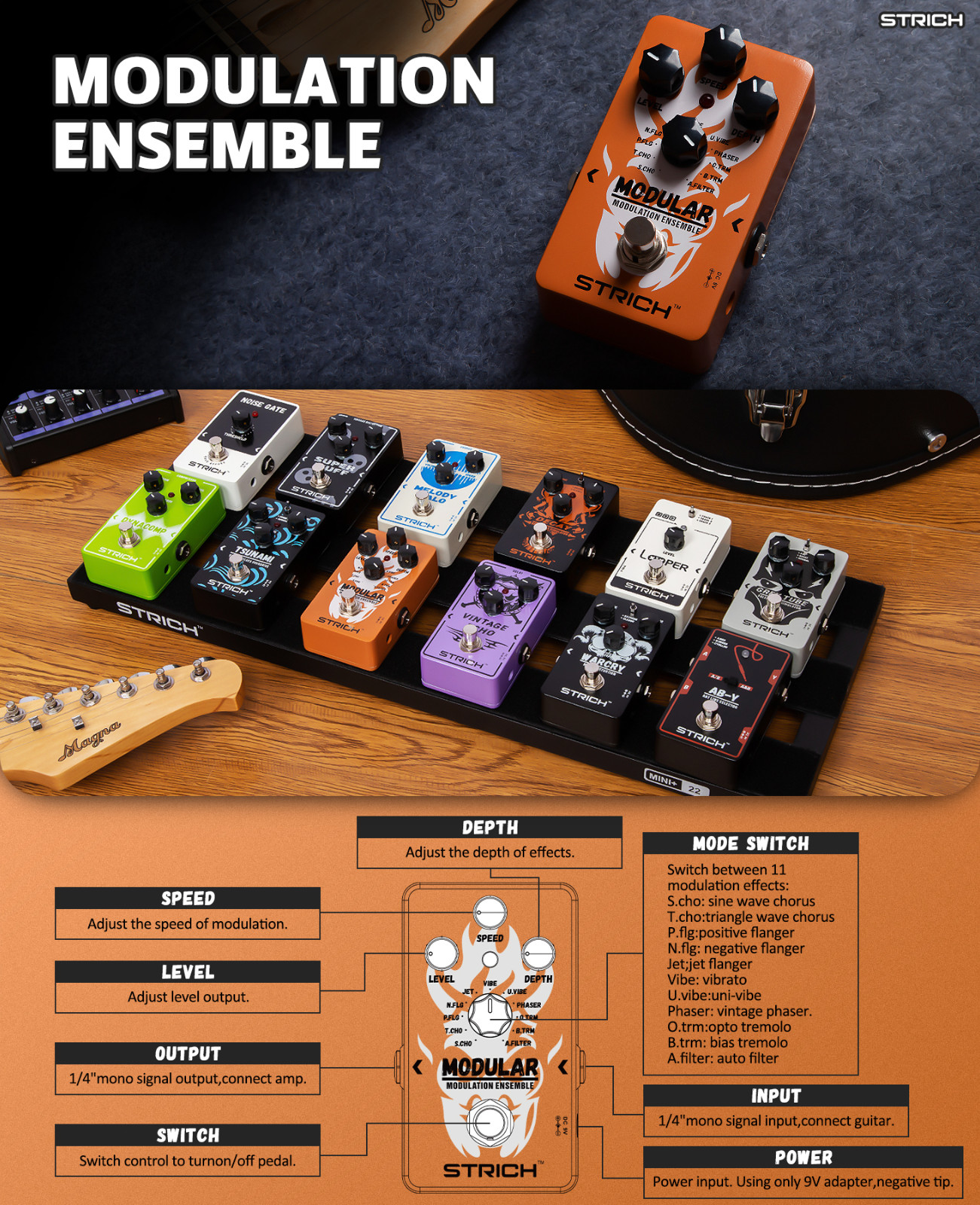 STRICH Multi Modulation Guitar Effect Pedal 11 Mode True Bypass Chorus / Flanger