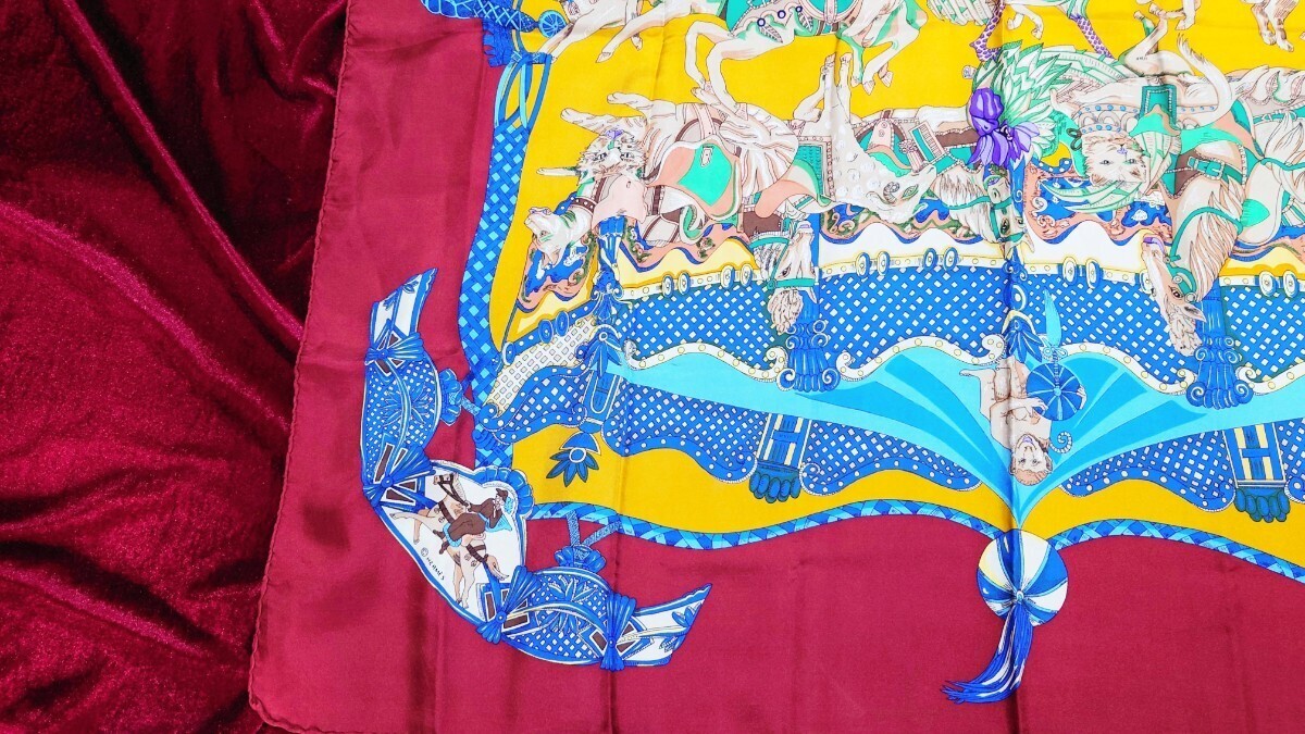 HERMES Scarf 90 TOURNEZ MANEGE Dark Red Merry Go Round Horse