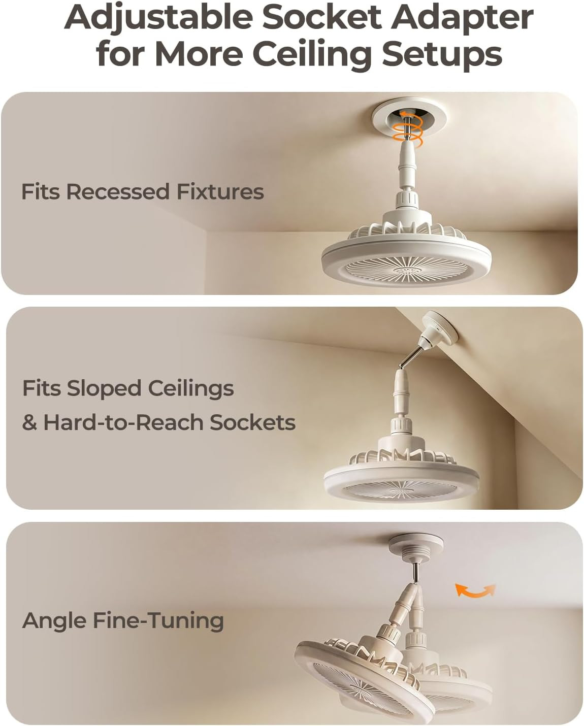 Adjustable Socket Fan Light with Remote and Extender, 2200LM Enclosed LED Light