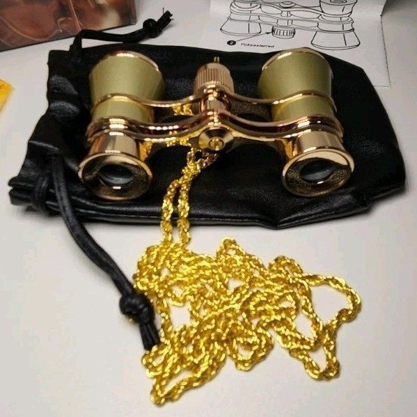 3X25 Gold Binoculars w/ Chain Low-Light Vision Compact High Definition -Open Box