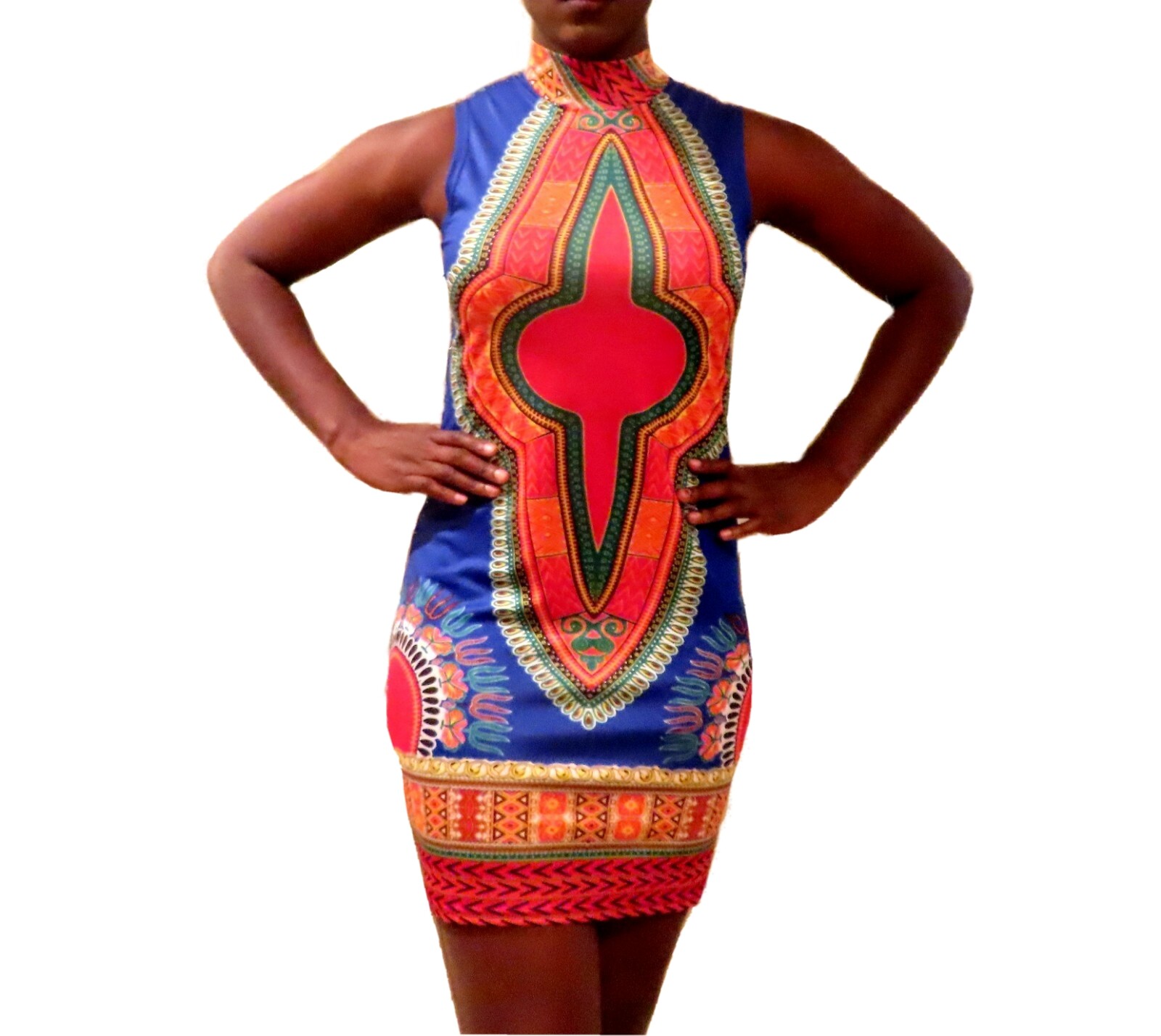 African Sleeveless Turtleneck Blue Stretchy Dashiki Dress