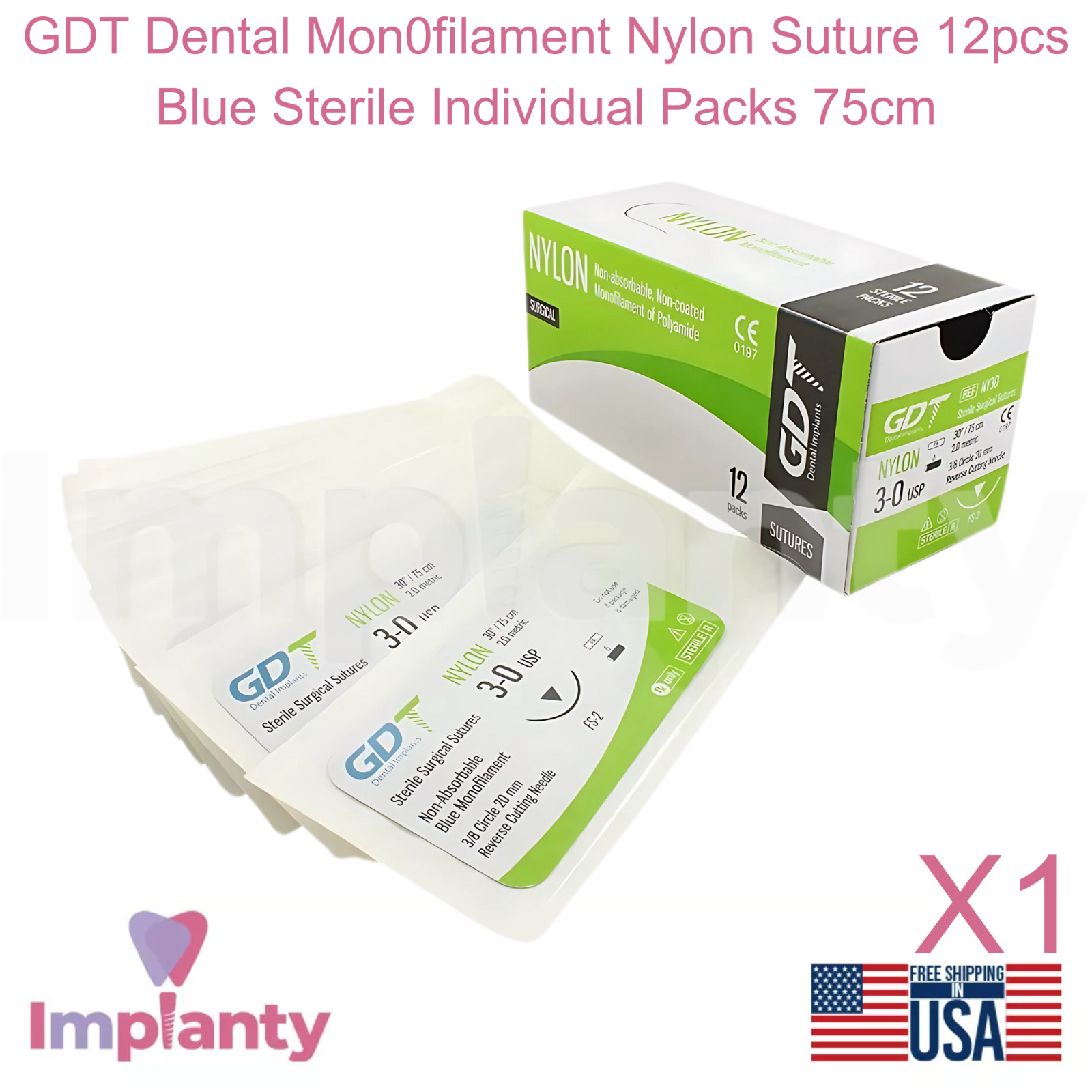GDT Dental Mon0fiIament Nylon Suture 12pcs Blue Sterile Individual Packs 75cm