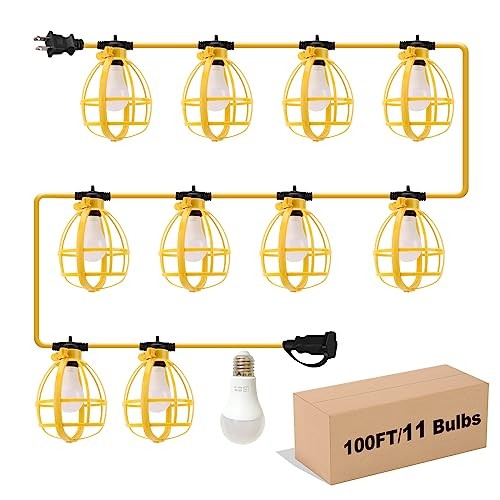 100FT Construction String Lights, 100W 11 Bulbs Work Lights with 100 FT -cover