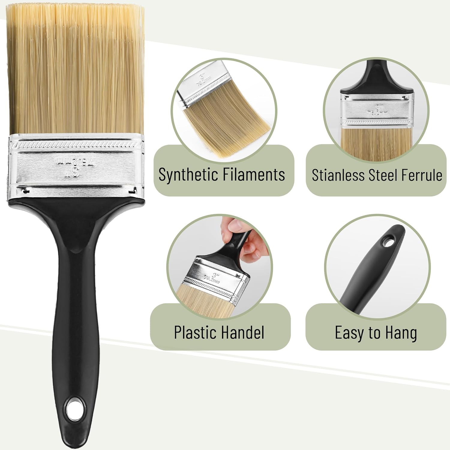 Bates- Paint Brushes, 3-Inch, 6 Pack, Plastic Handle Flat Paint Brushes for Wall