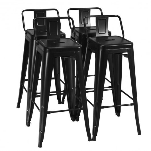 30 Inch Set of 4 Metal Counter Height Barstools with Low Back and Rubber Feet-Bl