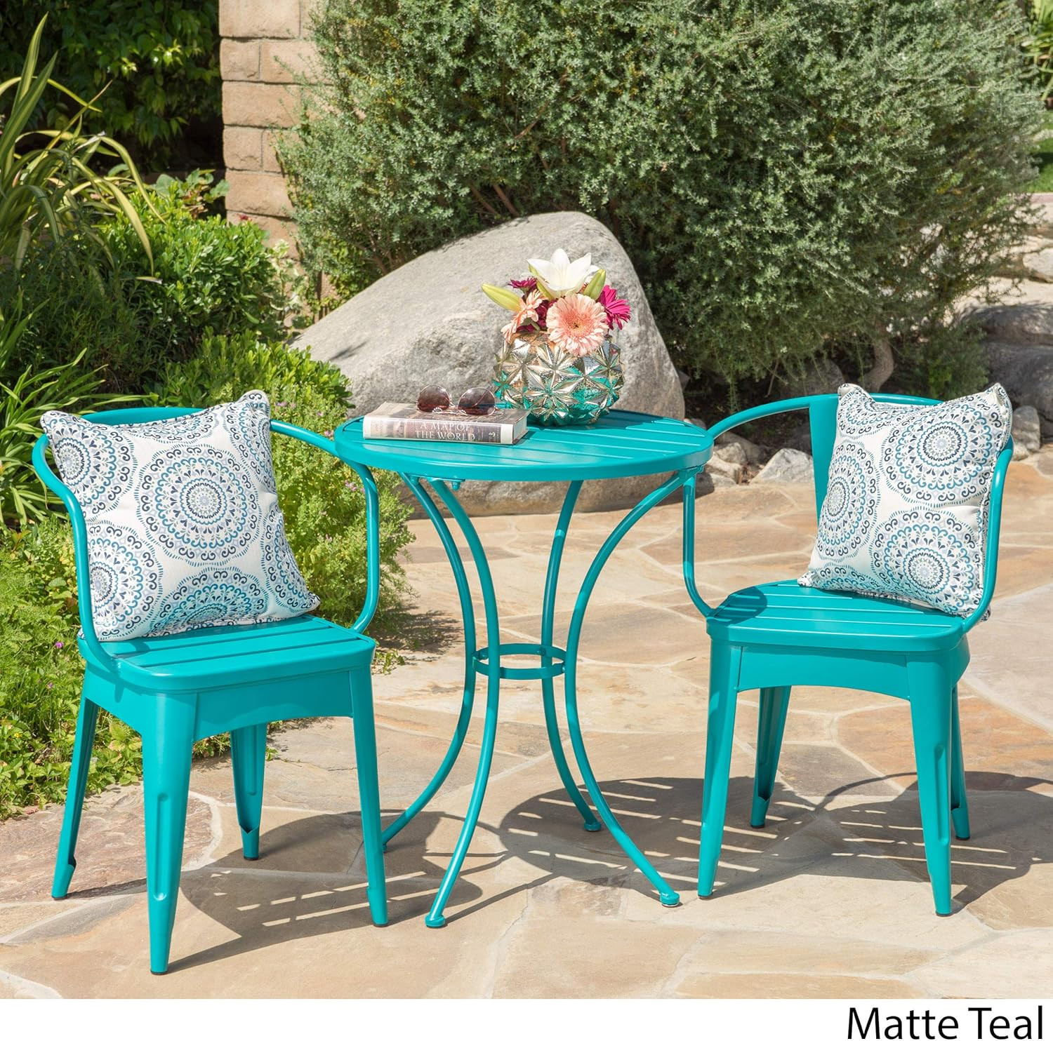 Chic Matte Teal 3-Piece Outdoor Iron Bistro Set for Stylish Patio Dining
