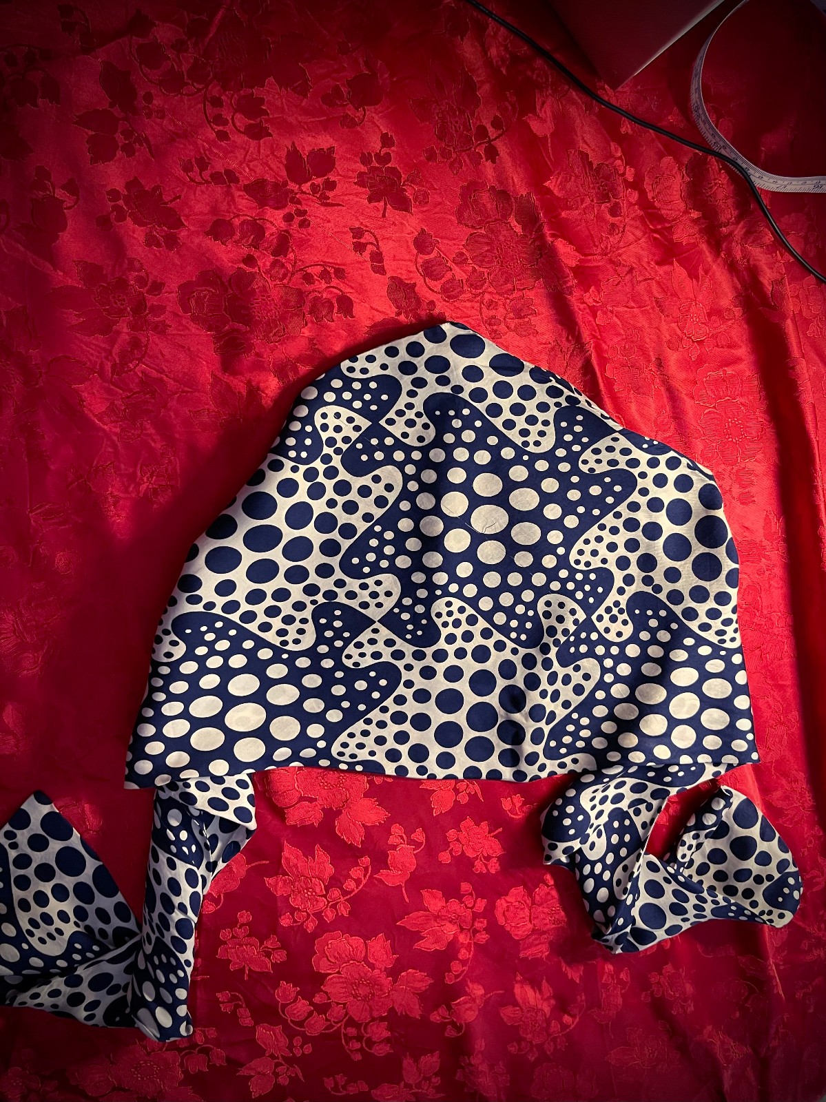 Silk Scarf Reversible Navy and Cream Polka Dot Patterns