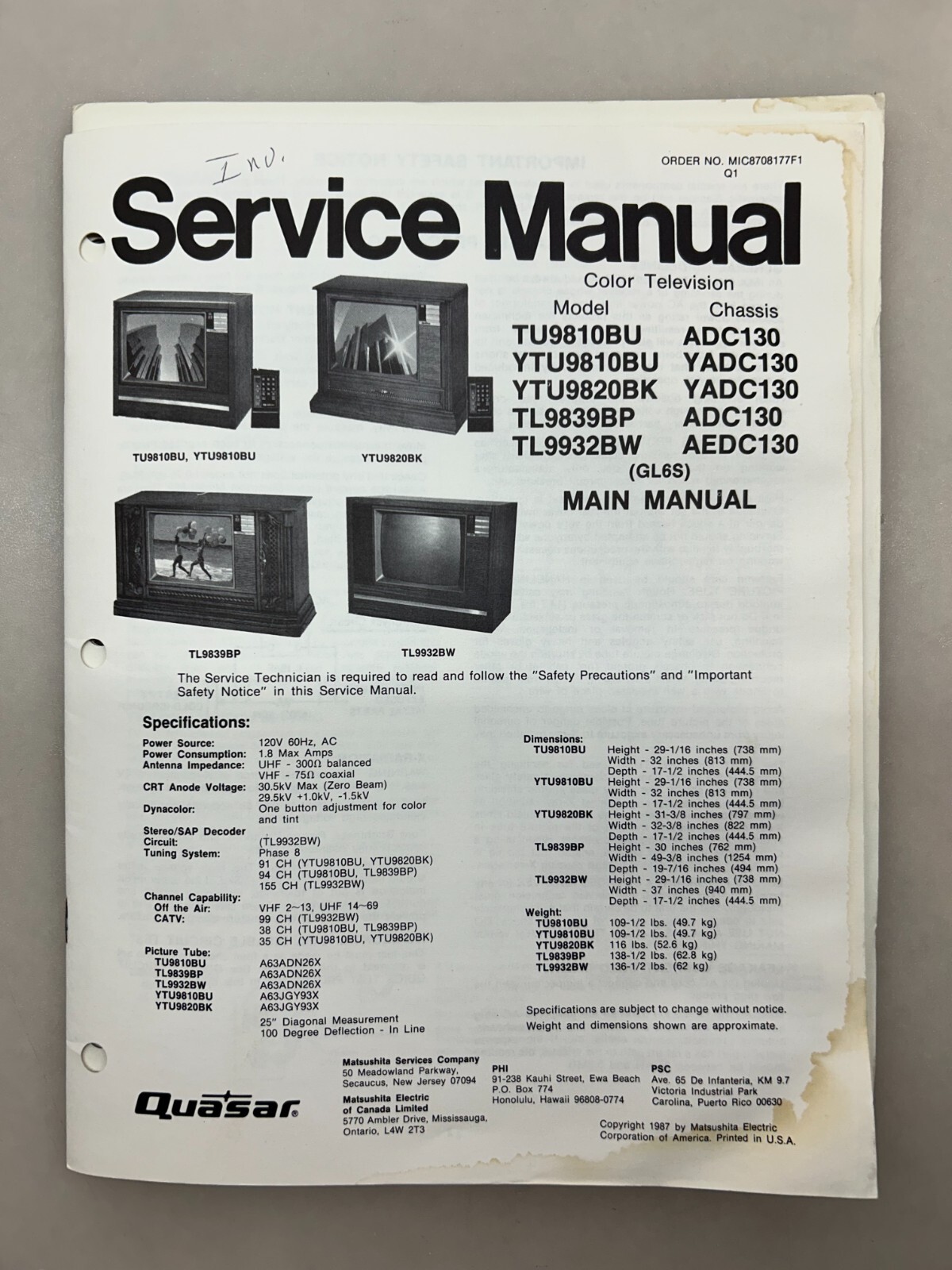 Quasar TU9810BU YTU9810BU YTU9820BK Original Service Manual Free Shipping