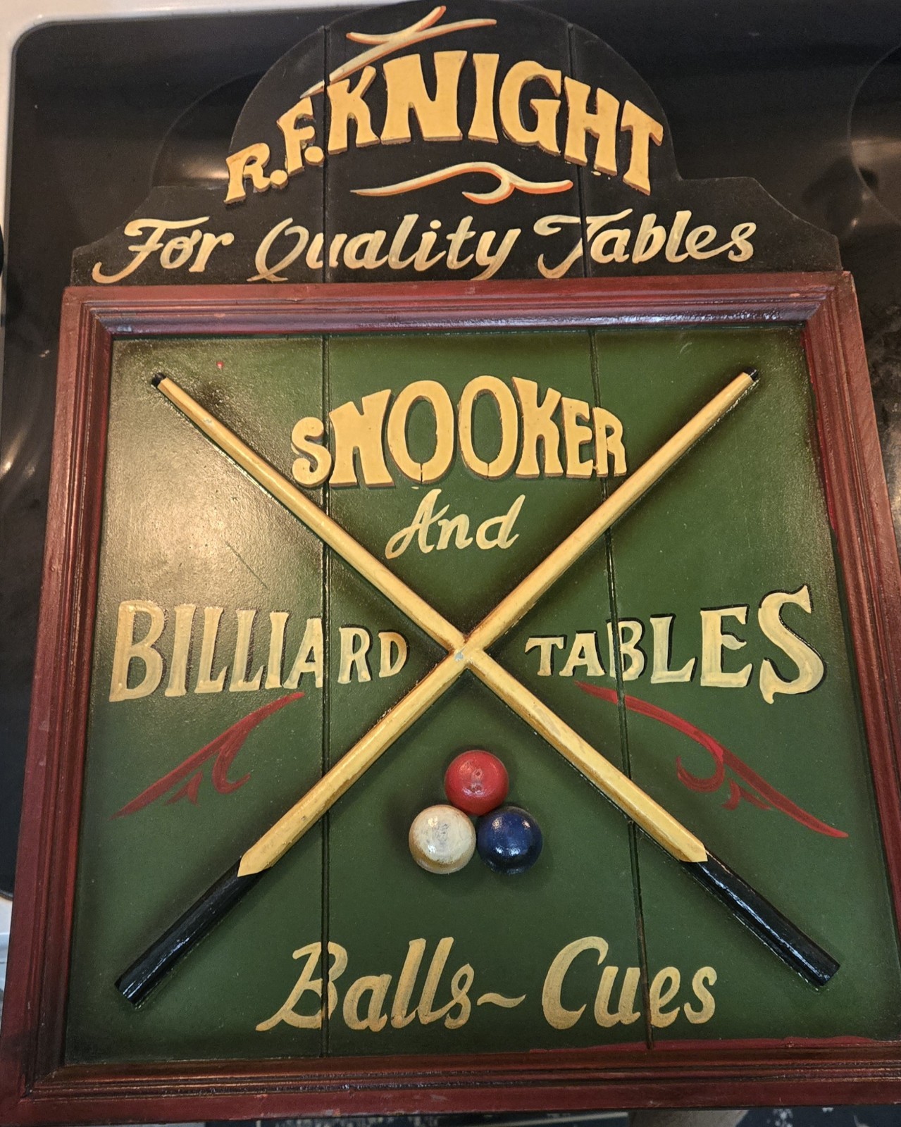 R.F. Knight Snooker Billiard Table 3D Balls/Cues Wall Hanging Art 24x16"