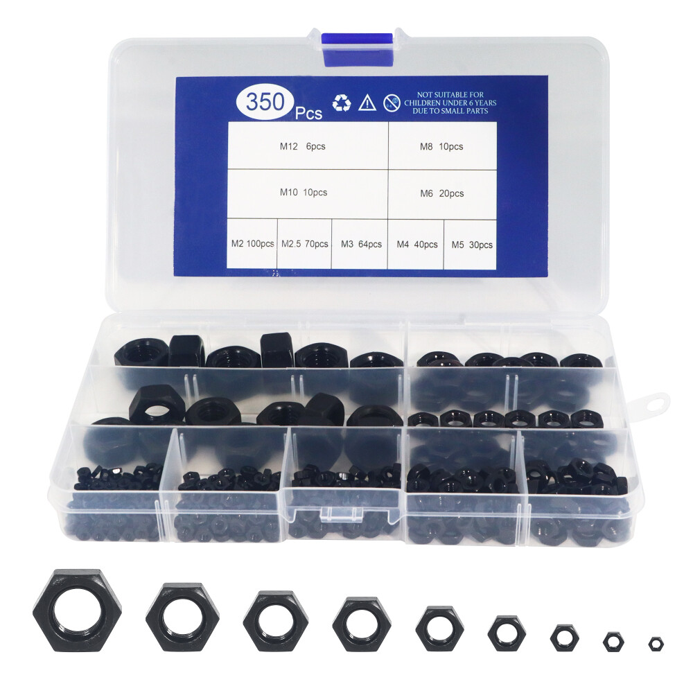 350pcs Metric Black Hex Nuts Assortment 9 Sizes Kit  Carbon Steel for Screw Bolt