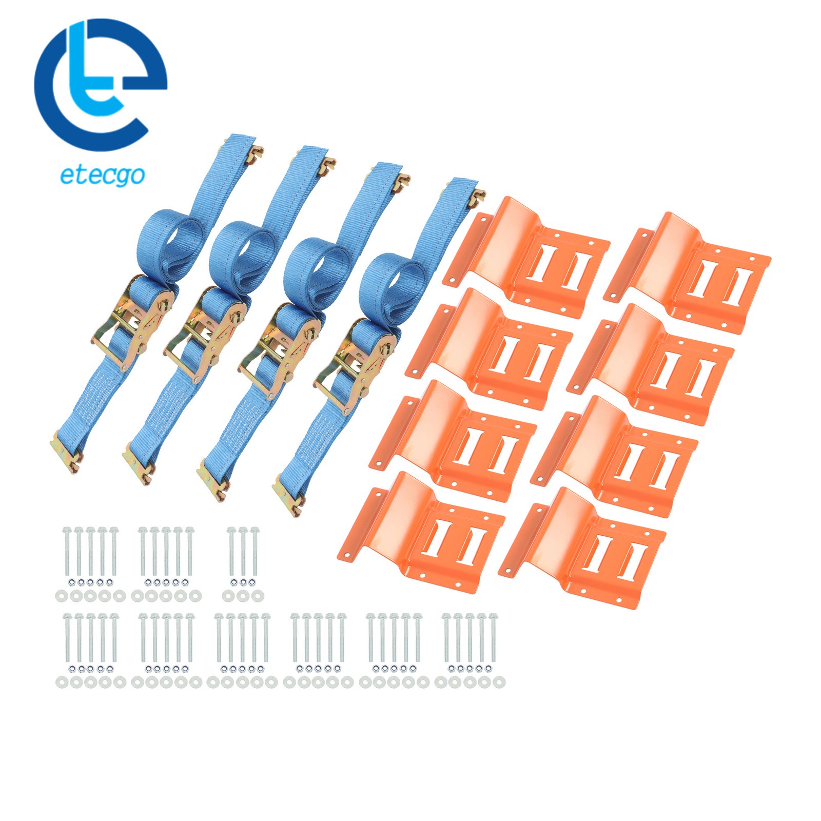 2 Sets Orange Wheel Chock And 8ft Blue Ratchet Strap Kit Fit For E Track System