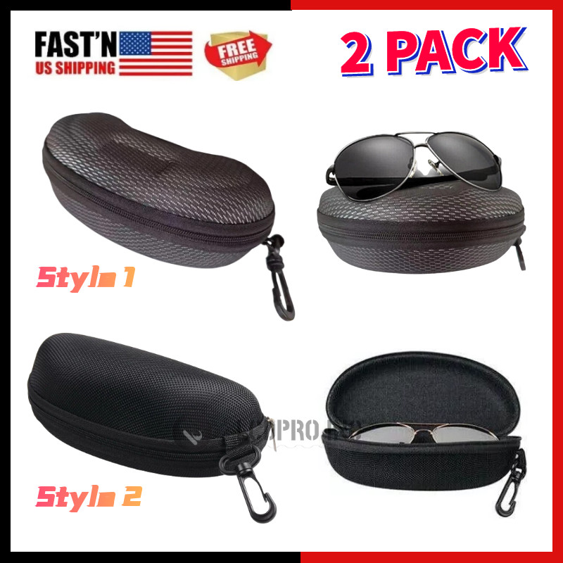 2 Pack Sunglasses Eyeglasses Case Zipper Portable Hard Shell Box With Clip Black