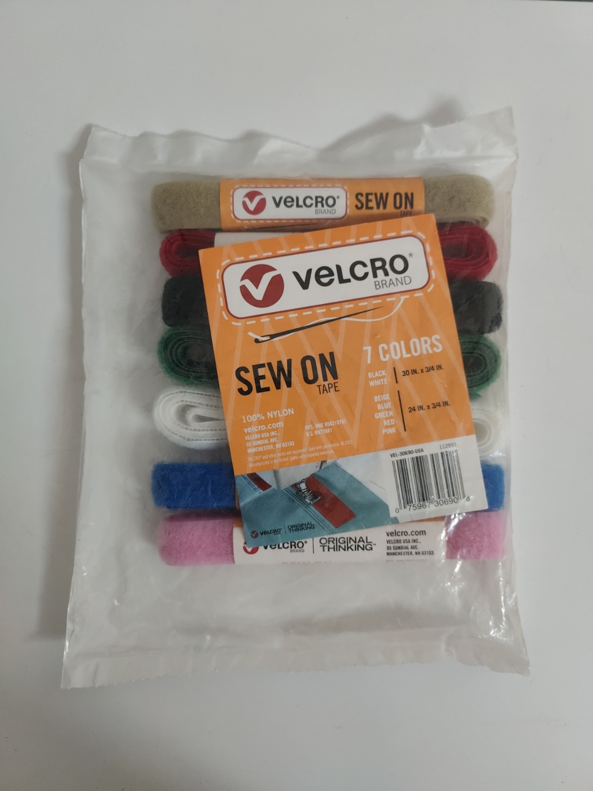 Velcro Brand Sew-on Tape - 7 Colors, 3/4in - 15 Feet Total