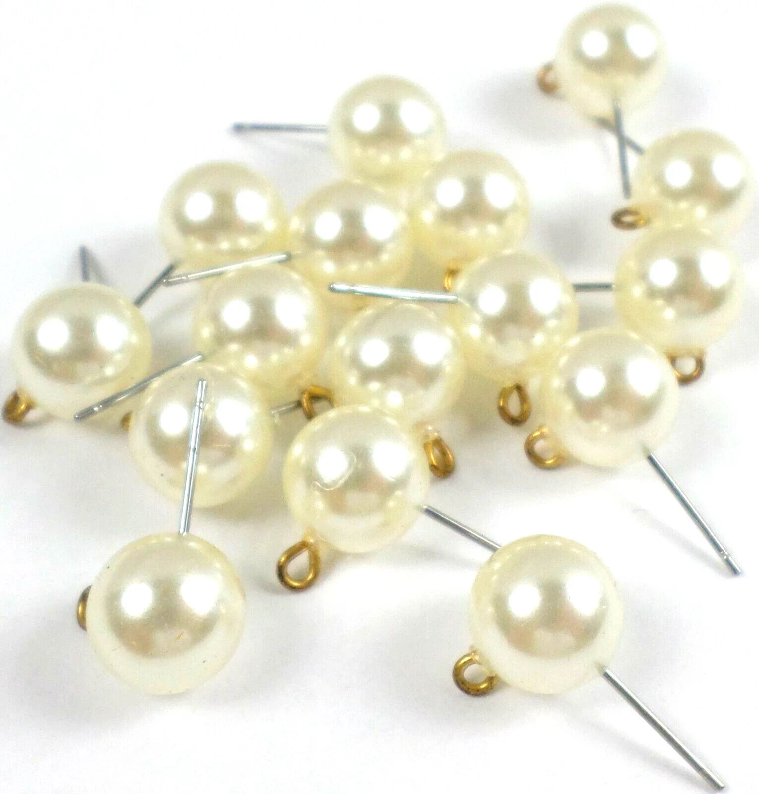 16 - Vintage 8 Pairs White Faux 10mm Pearl Earrings w/Hooks/Loops Connectors