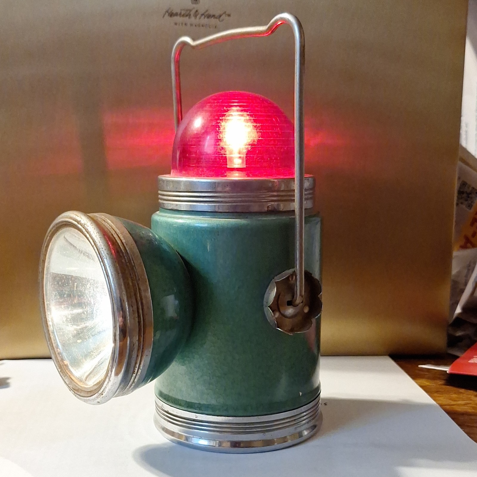 Green Metal Battery Lantern w/ Red Globe and Side Spotlight, Handheld