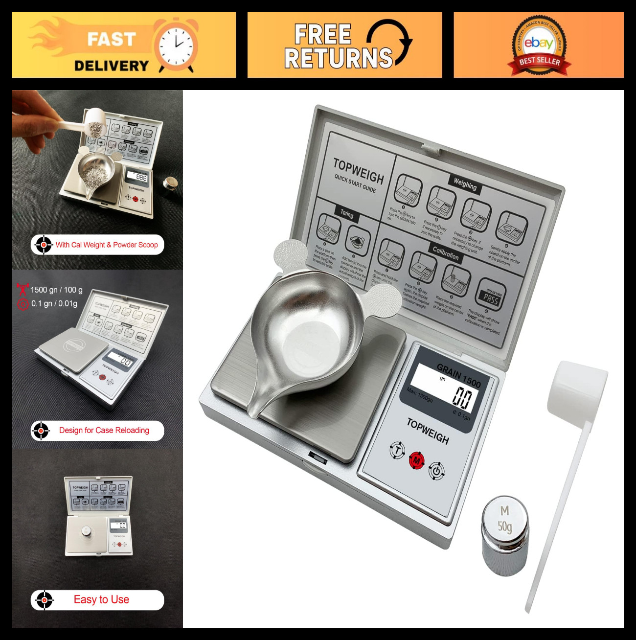 Digital Reloading Scale with Metal Powder Pan, 1500g x 0.1gn, Precision Grain Sc