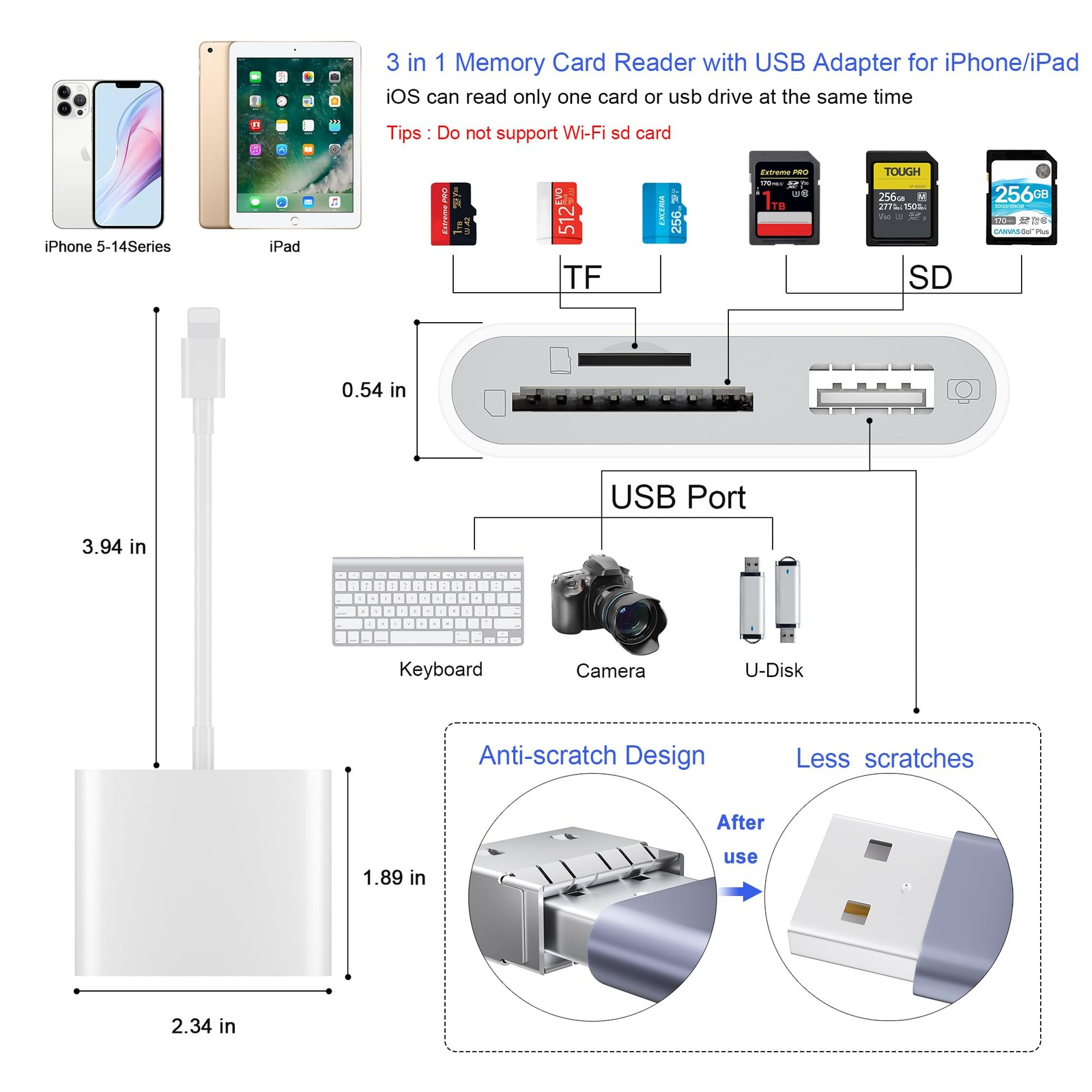SD Card Reader for iPhone, Memory Card Reader with USB Camera Adapter Plug and