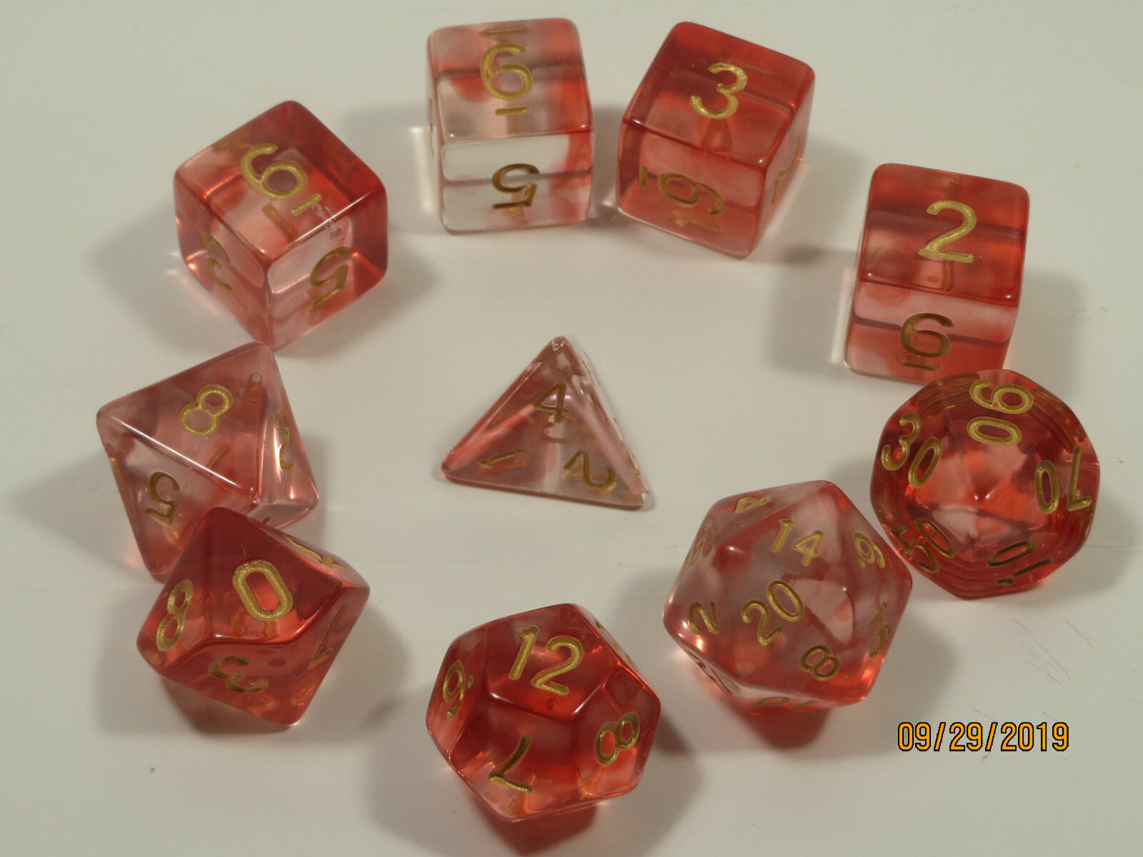NEW RPG Dice 10pc - Mysty Clear Red w/gold- 1@D4 D8 D10 D12 D20 D00-10 &4D6