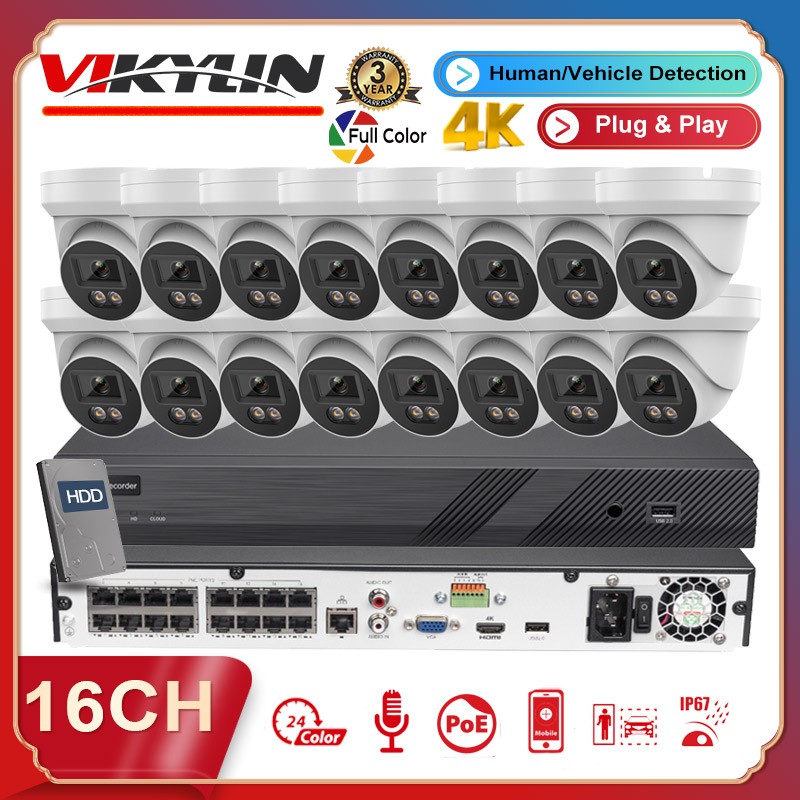 VIKYLIN 4K 16CH 16POE NVR CCTV System 8MP Full Color IP Camera Outdoor Mic Lot