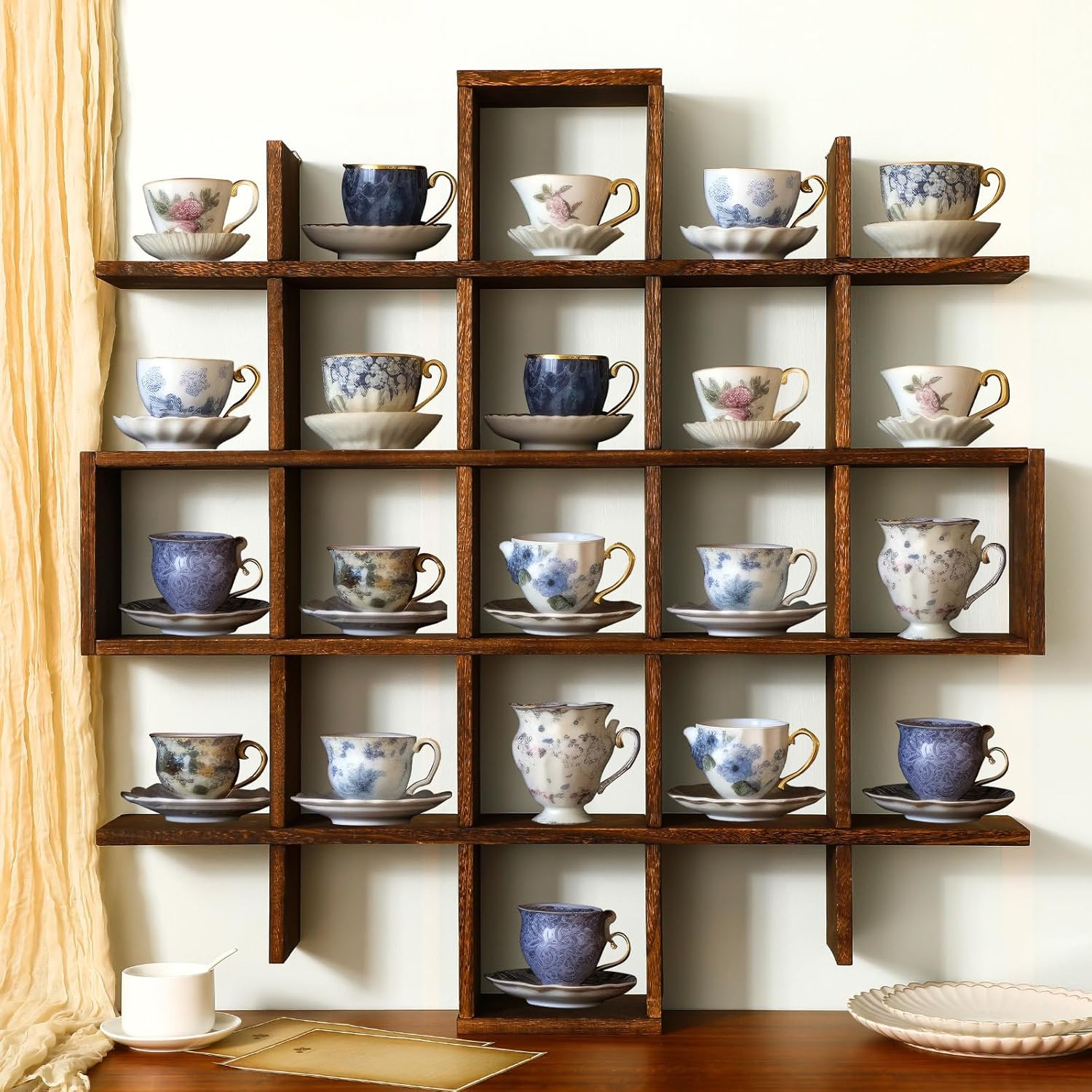 Rustic Wooden Wall Shelf Oversize Teacup Curio Display Rack Floating Mug Holder