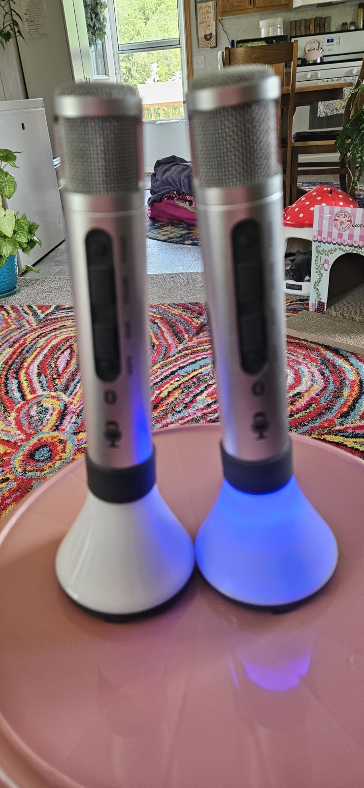 2x Bluetooth Karaoke Microphones Silver/White LED Echo Control Gain 3.5mm