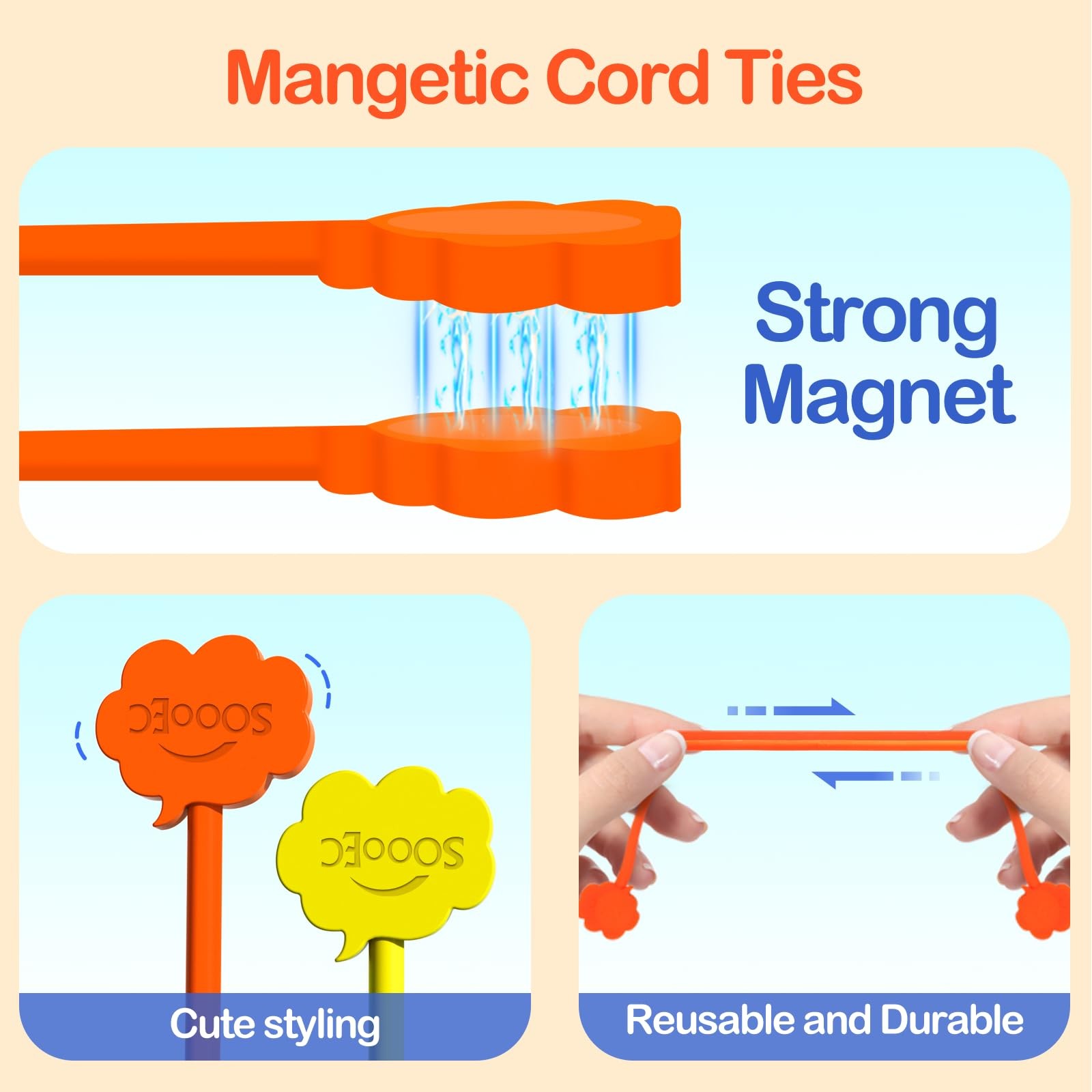 Magnetic Cable Ties, 24 Pack 7.2" Magnetic Cord Organizer Cute Cloud Design Ties