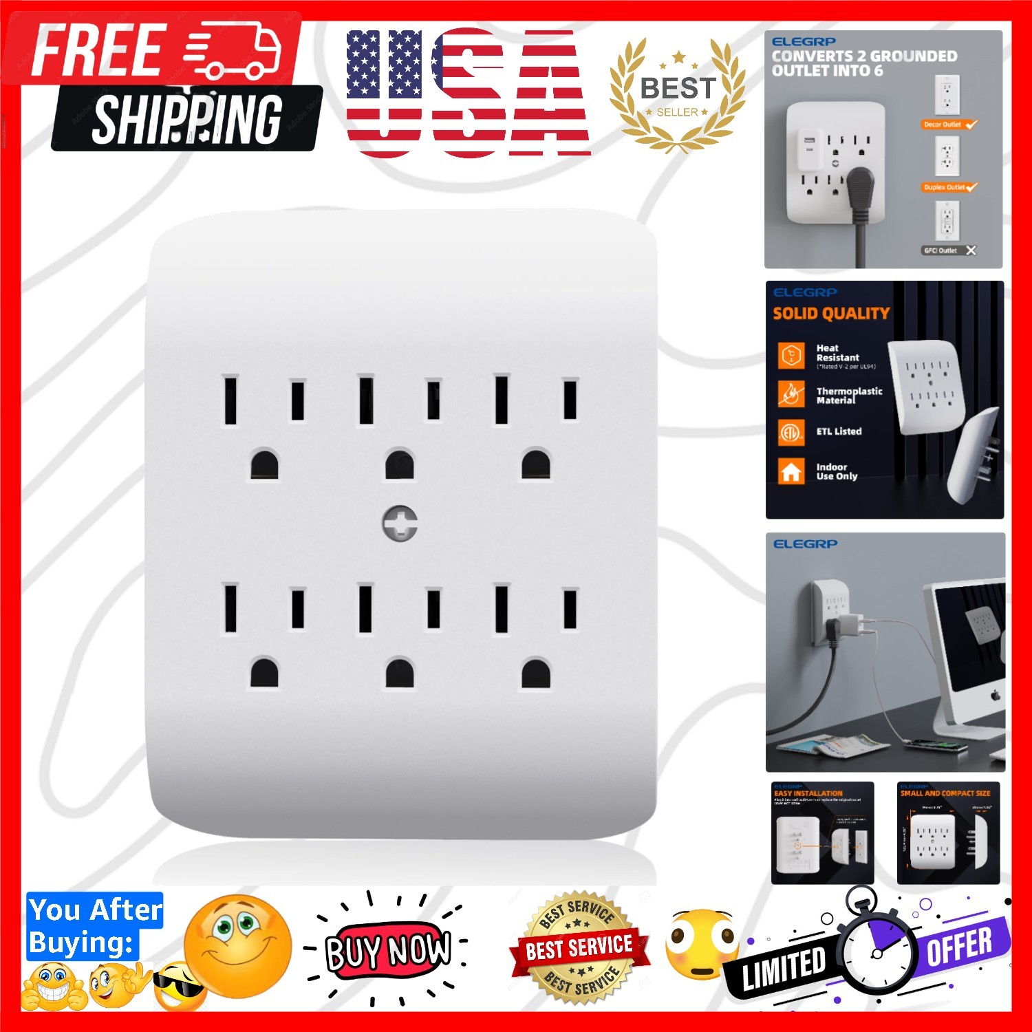 6-Outlet Extender with Central Anchor, 3-Prong Grounded Wall Tab, Multiple Ou...