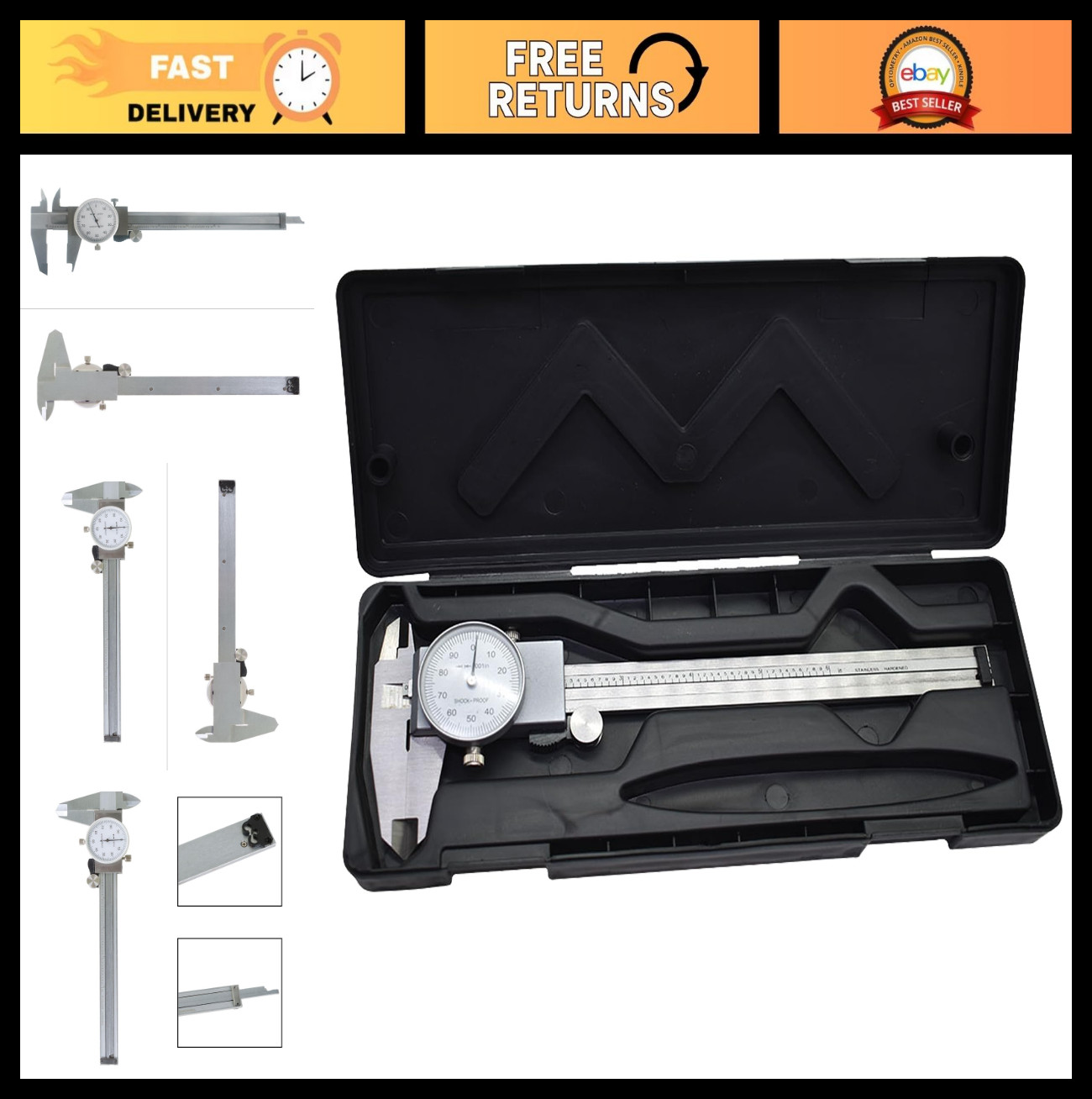 Precision 0-6" Dial Caliper Measuring Tool - Stainless Steel, 4-Way, Shockproof,