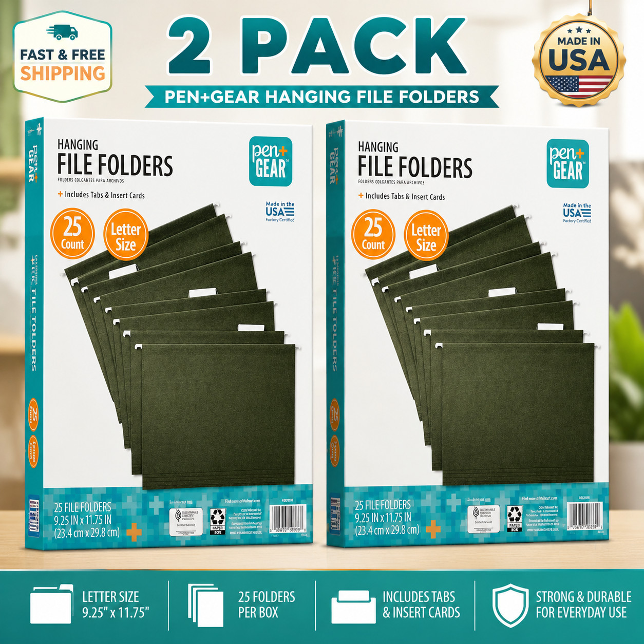 (2 Pack) Pen+Gear Hanging File Folders Letter Size 1/5 Cut Green 50 Total