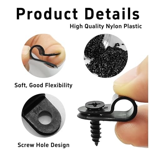 100Pcs R-Type Cable Clips Black Nylon Plastic Wire Clamps with Mounting 1/4"
