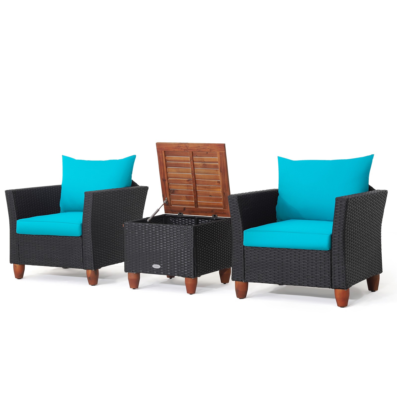 Patio 3PCS Rattan Furniture Set Cushioned Sofa Storage Table Wood Top Turquoise